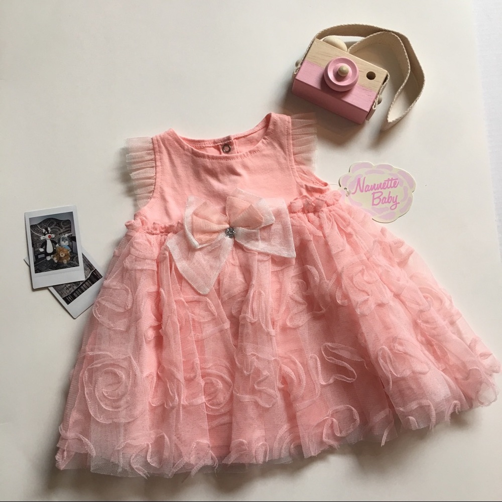 Nannette Baby Girls Dress Floral Overlay Bow Peach